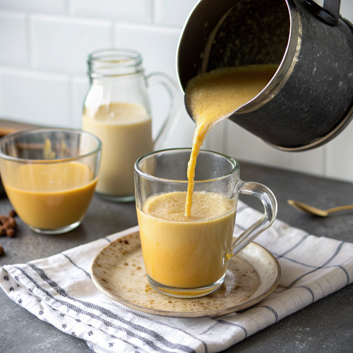 A cup of golden milk being poured from the saucepan into a glass mug.