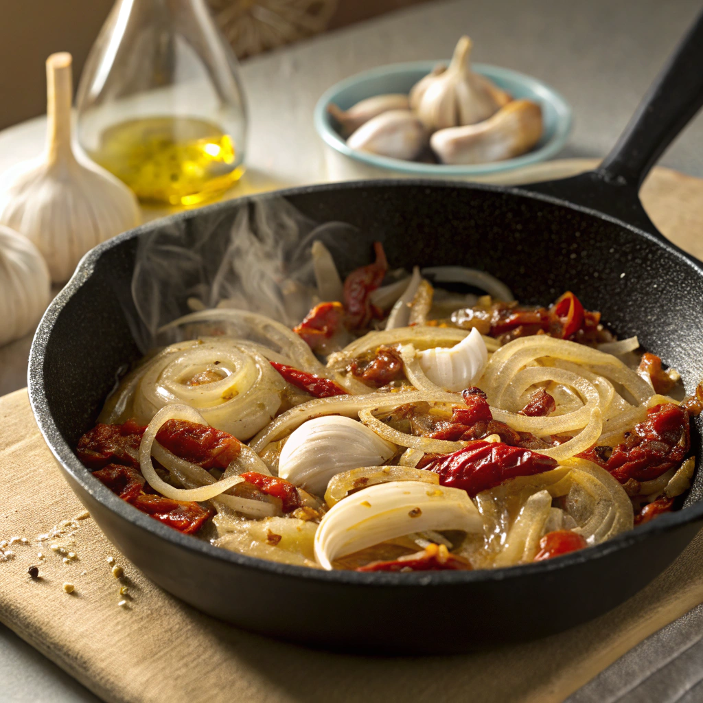 A deep skillet with onions, garlic, and sun-dried tomatoes sizzling in fragrant oil.