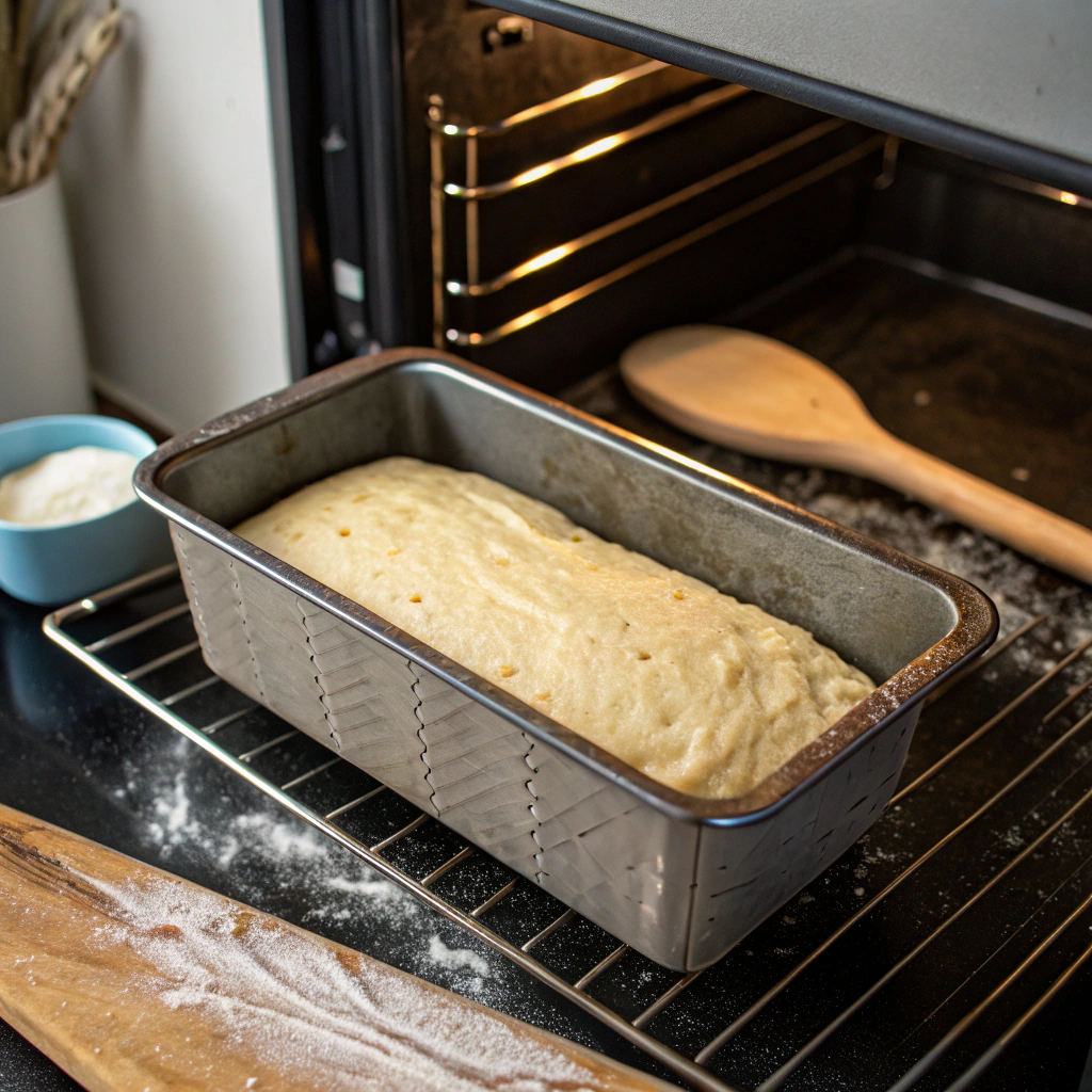 A filled loaf pan placed inside the oven