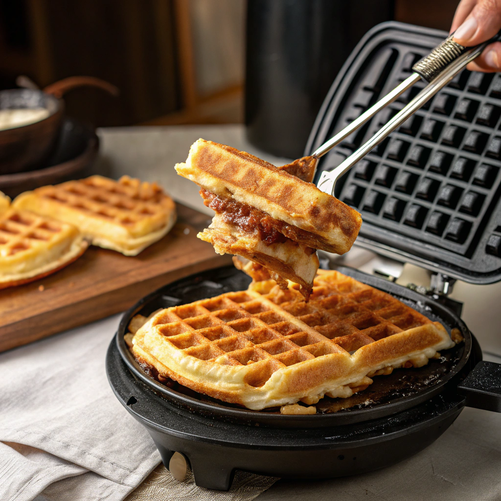 A freshly cooked waffle being lifted from the waffle iron, golden and crispy.