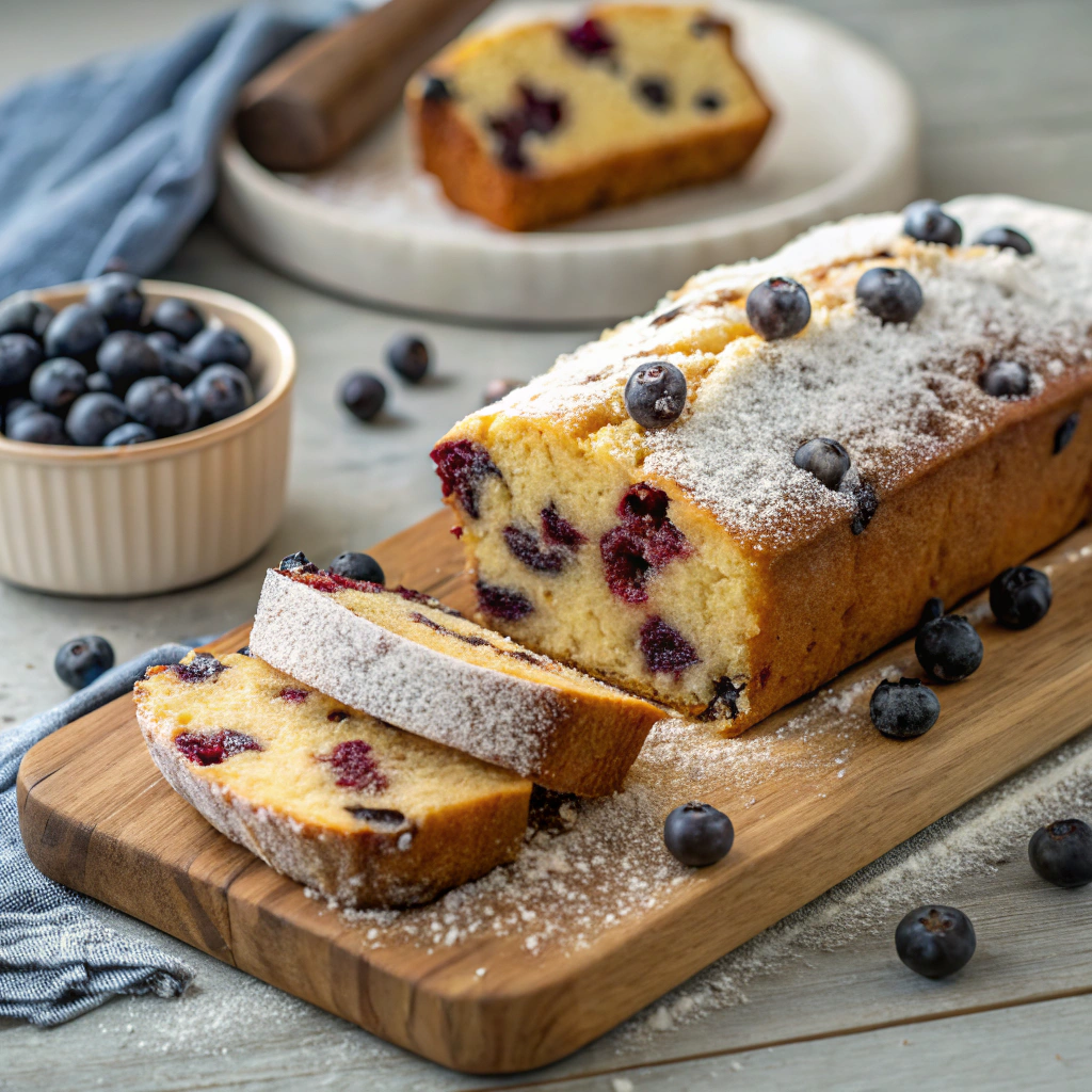 Second result of a golden loaf of blueberry cake cooling on a wire rack, with a toothpick inserted to check for doneness.