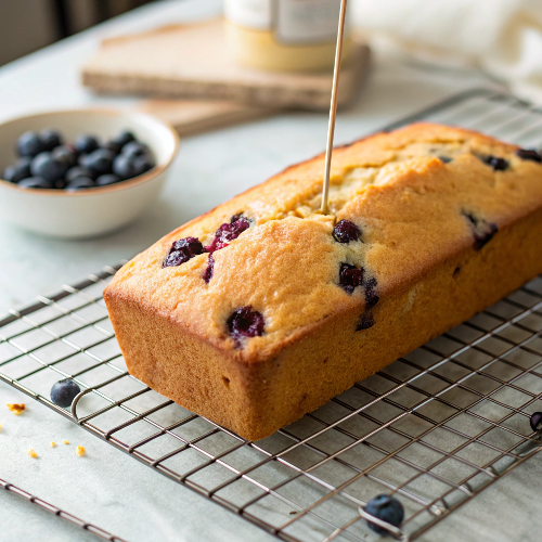 First result of a golden loaf of blueberry cake cooling on a wire rack, with a toothpick inserted to check for doneness.