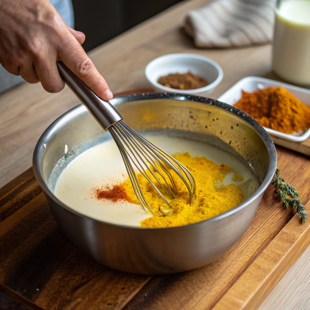 A hand whisk stirring turmeric paste into the saucepan of warm almond milk.
