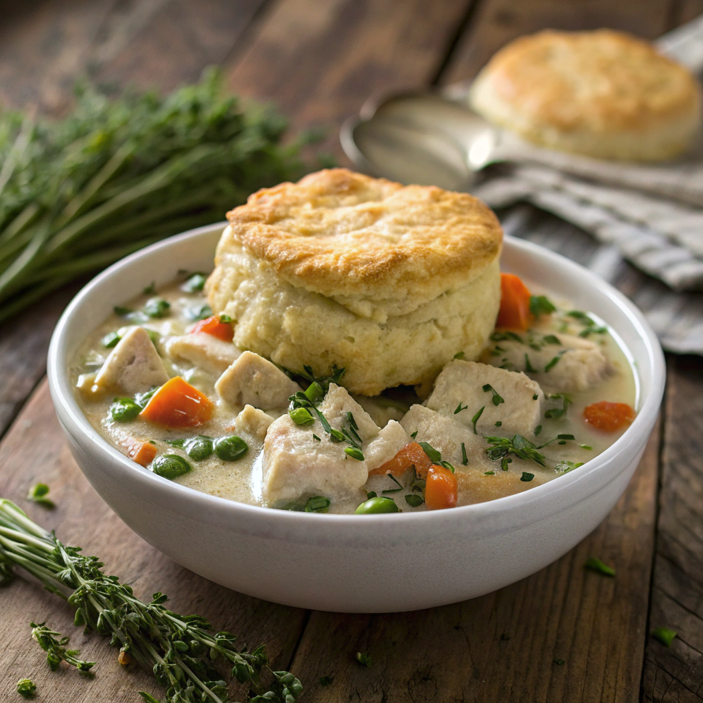 A hearty bowl of creamy chicken pot pie filling, topped with a golden, flaky biscuit, served on a rustic wooden table with fresh herbs sprinkled on top.