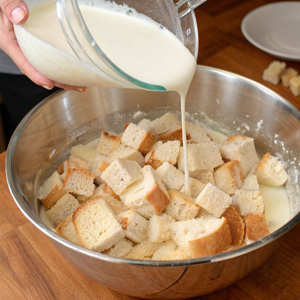 A large mixing bowl filled with cubed French bread, heavy cream, and soy milk, being gently tossed to soak.