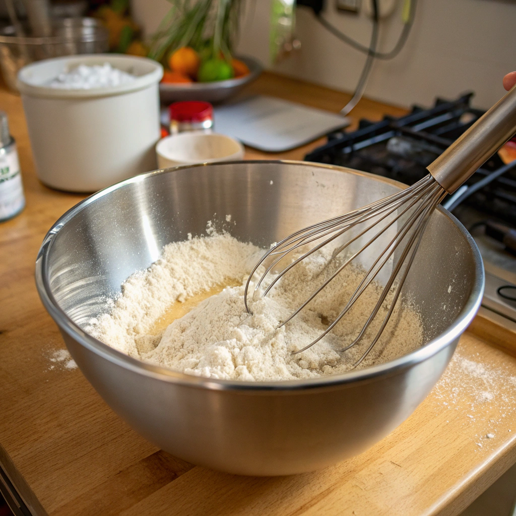 A large mixing bowl with flours, baking powder, and salt being whisked together.