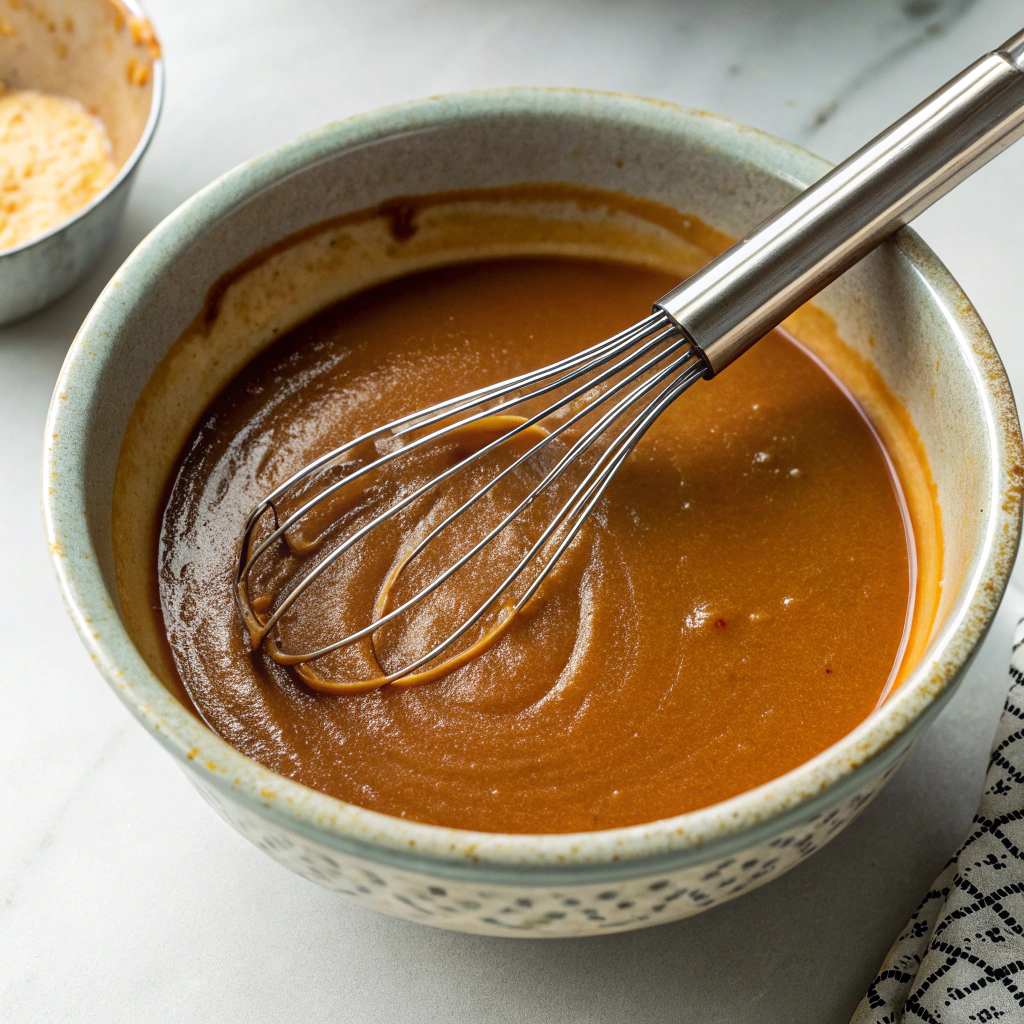 A mixing bowl containing a rich, amber-colored miso glaze, with a whisk resting beside it.