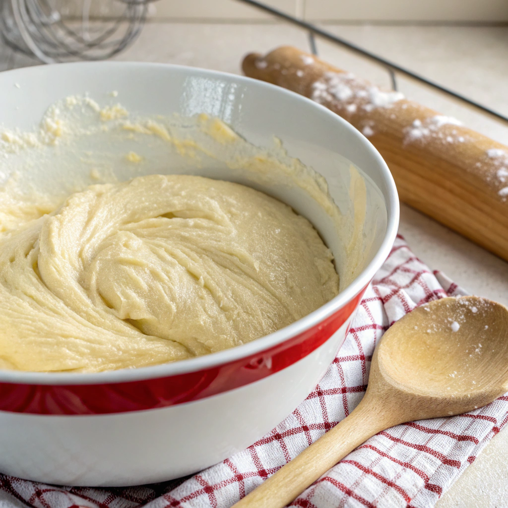 A mixing bowl with a smooth, slightly sticky dough, with a wooden spoon resting nearby.