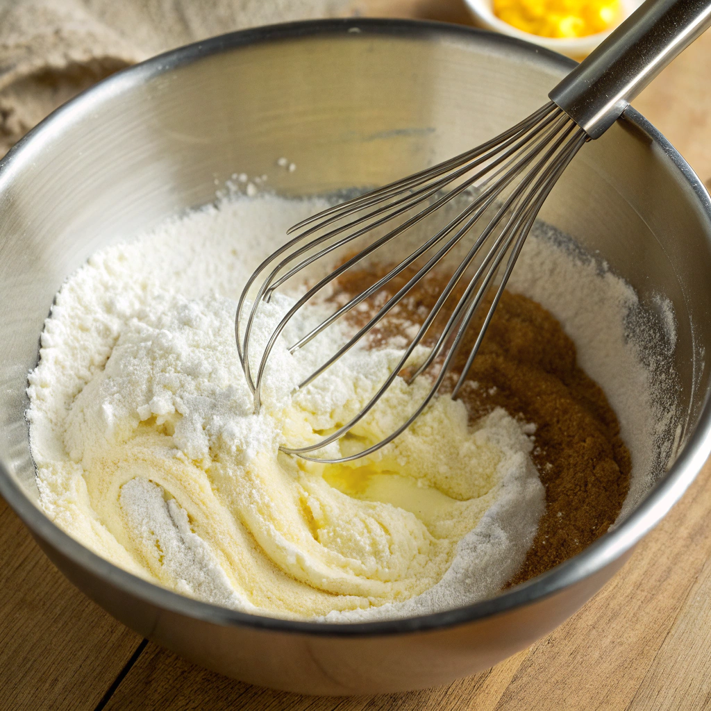 A mixing bowl with flour, salt, baking powder, and sugar being whisked together.