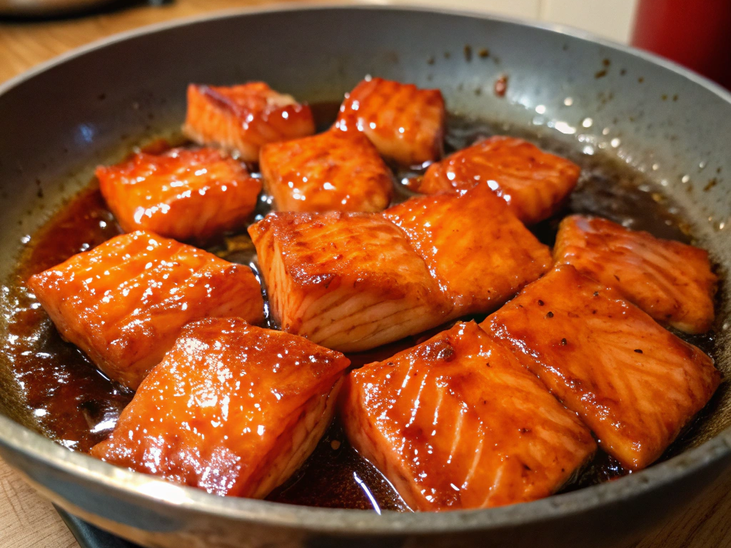 A pan of salmon chunks coated in a glossy honey glaze.