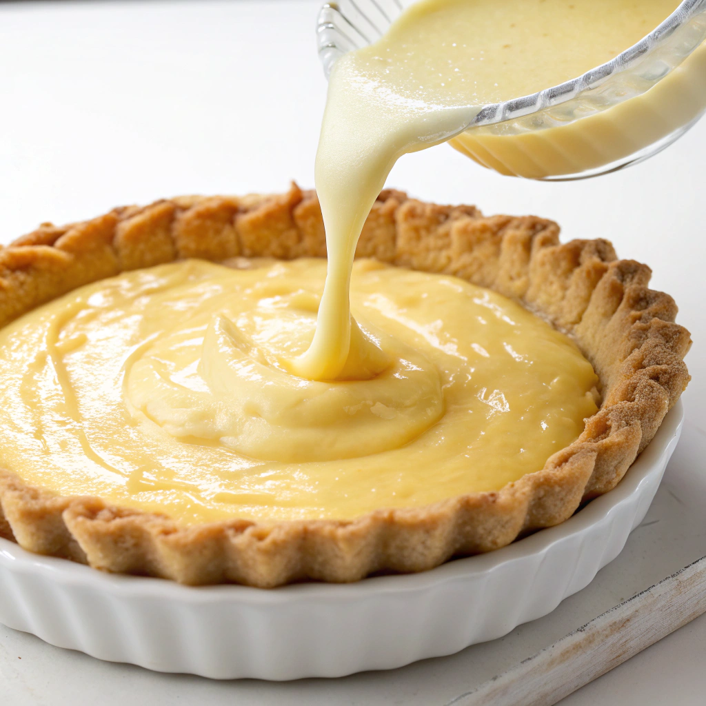 A pie crust in a dish being filled with the eggnog custard mixture.