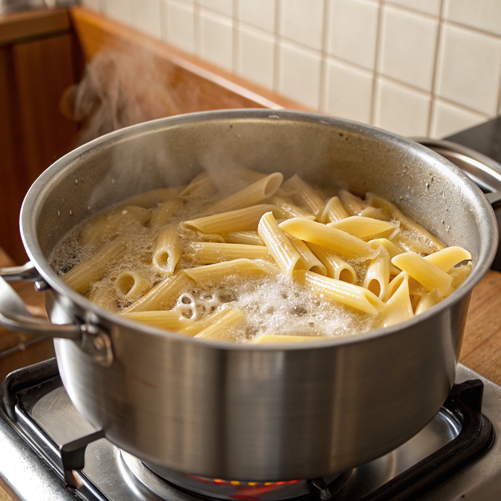 A pot of boiling water with penne pasta cooking to al dente perfection.