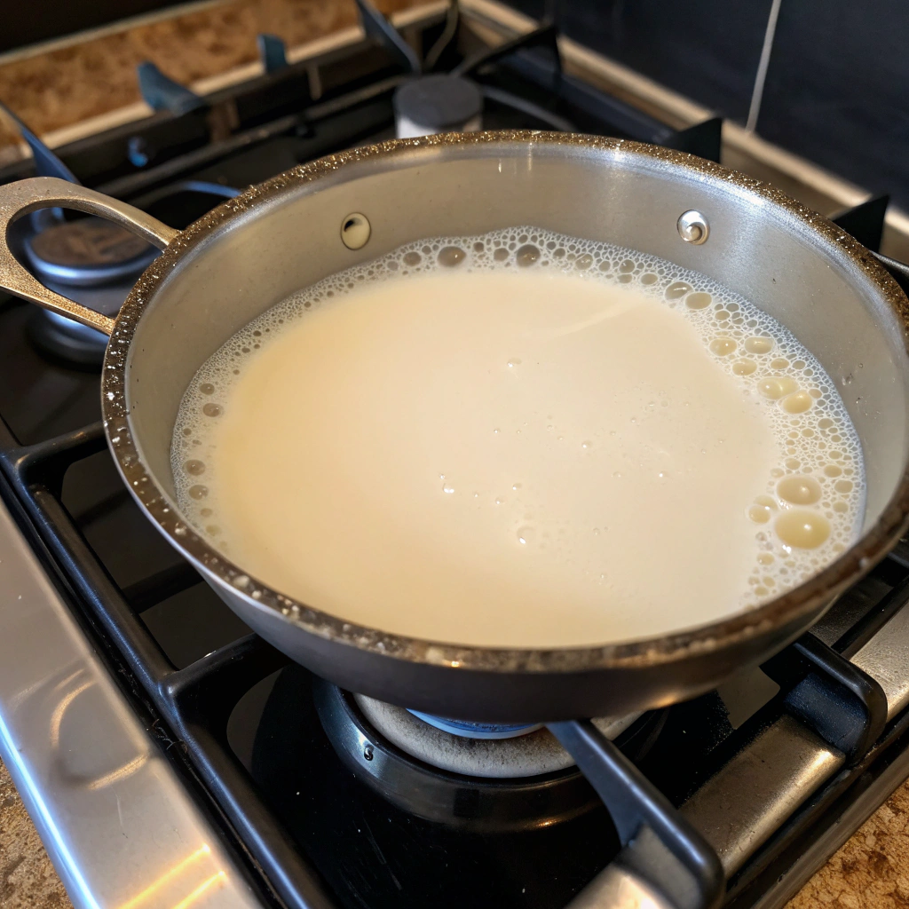 A saucepan on the stove with warm almond milk, with small bubbles forming around the edges.