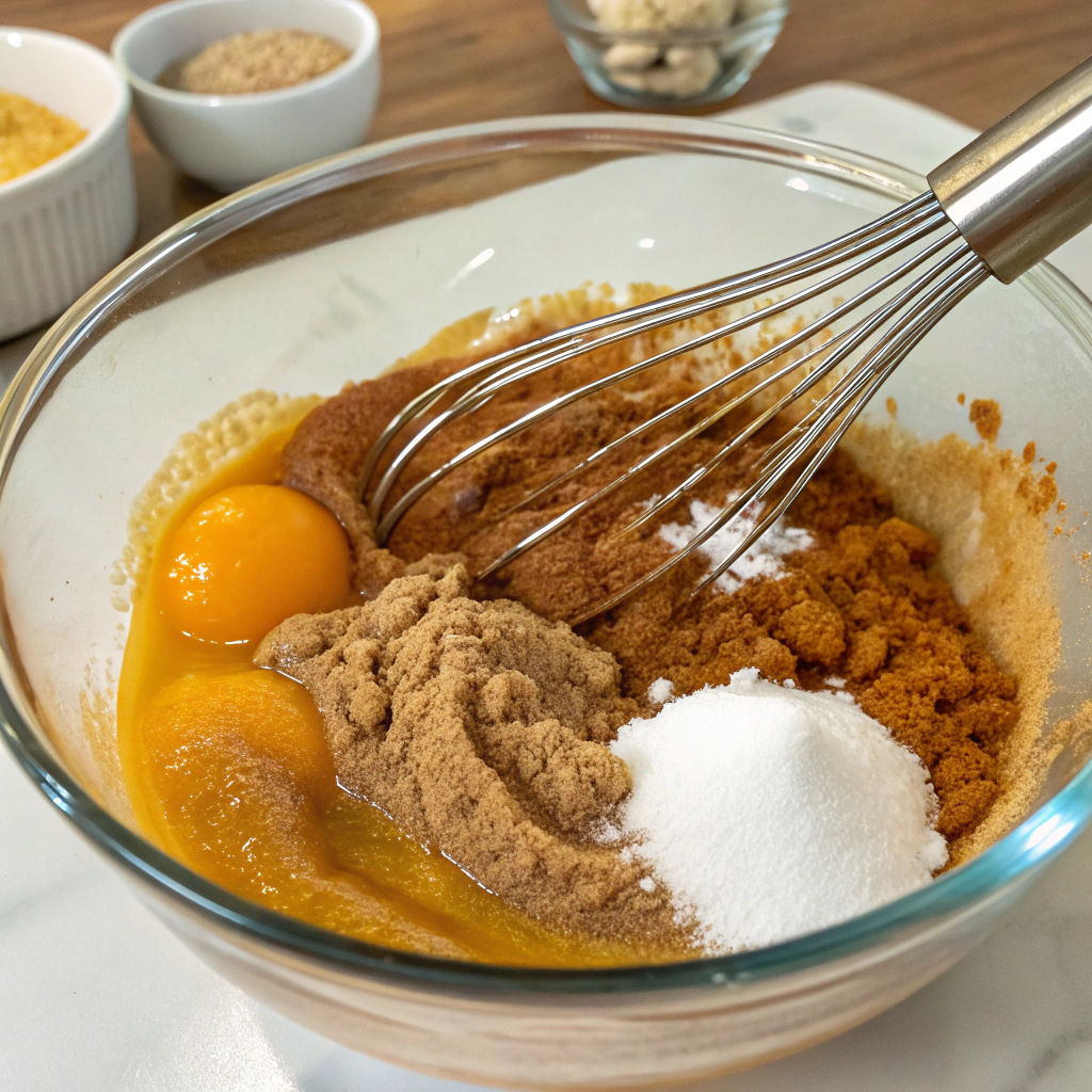 A separate bowl with eggs, pumpkin puree, brown sugar, cinnamon, vanilla, and salt being whisked into a smooth, spiced mixture.