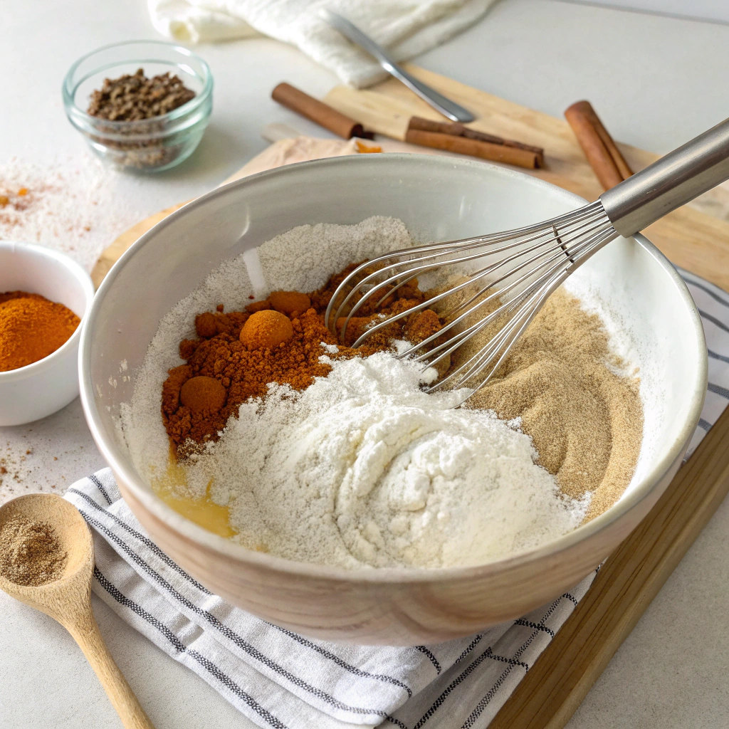 A separate bowl with flour, pumpkin pie spice, baking powder, baking soda, cinnamon, and salt being whisked together