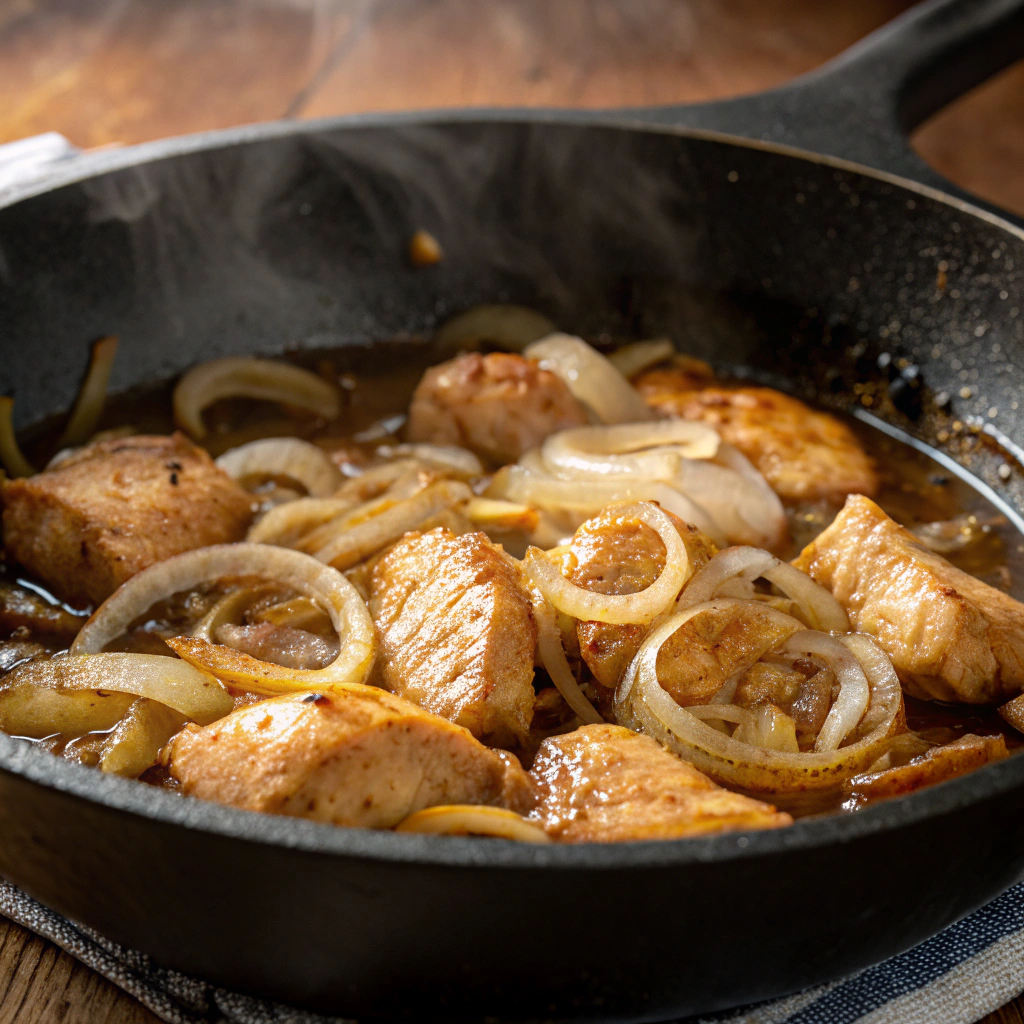 A simmering skillet with chicken, onions, and a glossy, sweet-savory broth.
