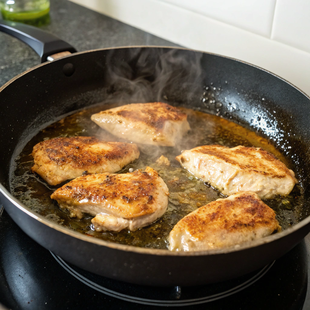 A skillet with sizzling chicken pieces, starting to brown in olive oil.