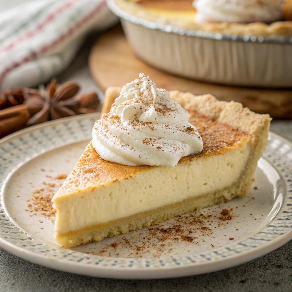 A slice of Eggnog Pie plated with a dollop of whipped cream and a light dusting of nutmeg.