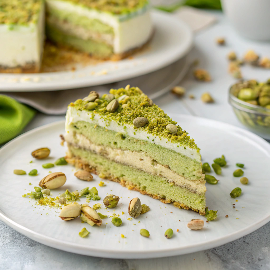 A luscious final layer of whipped cream topped with a sprinkle of crushed pistachios.