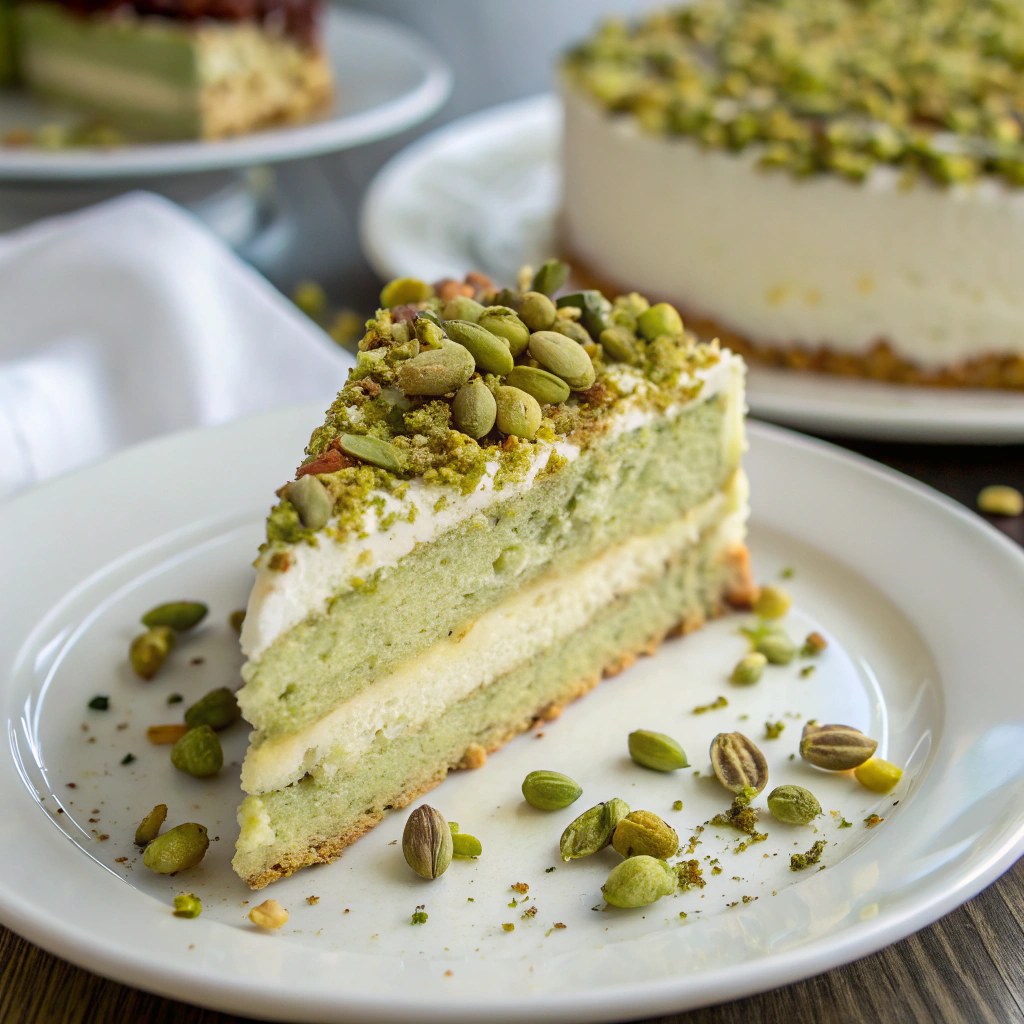 A slice of Pistachio Torte on a white plate, garnished with chopped pistachios, with a creamy layered interior visible against a soft-focus background.