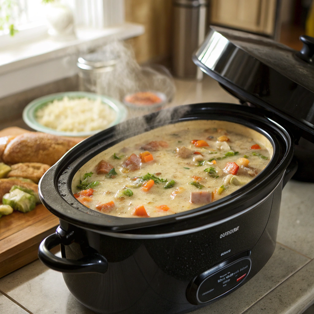 A slow cooker bubbling with a thick, creamy pot pie filling.