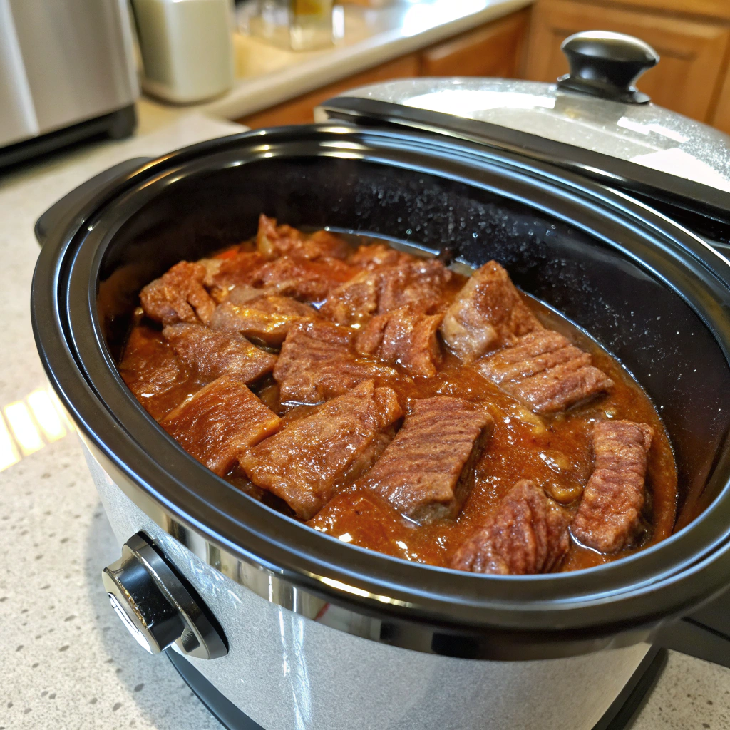 A slow cooker filled with beef strips covered in sauce, ready to cook.