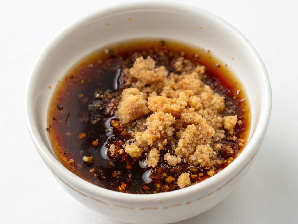 A small bowl with soy sauce, brown sugar, minced garlic, and sesame oil mixed together.