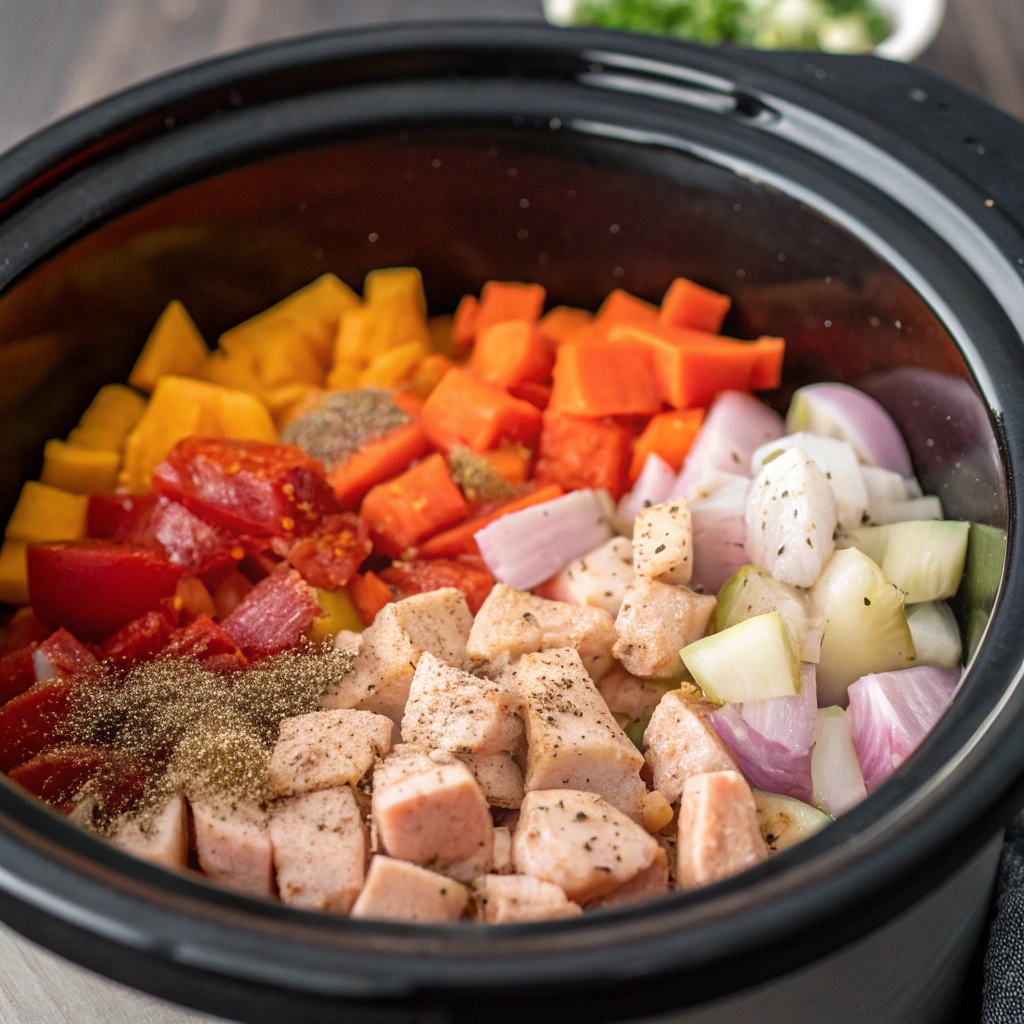 A slow cooker filled with diced chicken, vegetables, and seasonings, ready to be stirred.