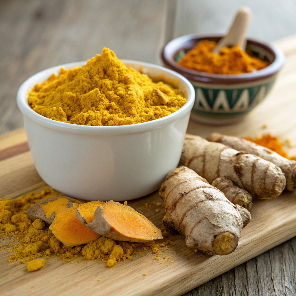 A small bowl with a golden turmeric paste, freshly grated ginger and turmeric beside it.