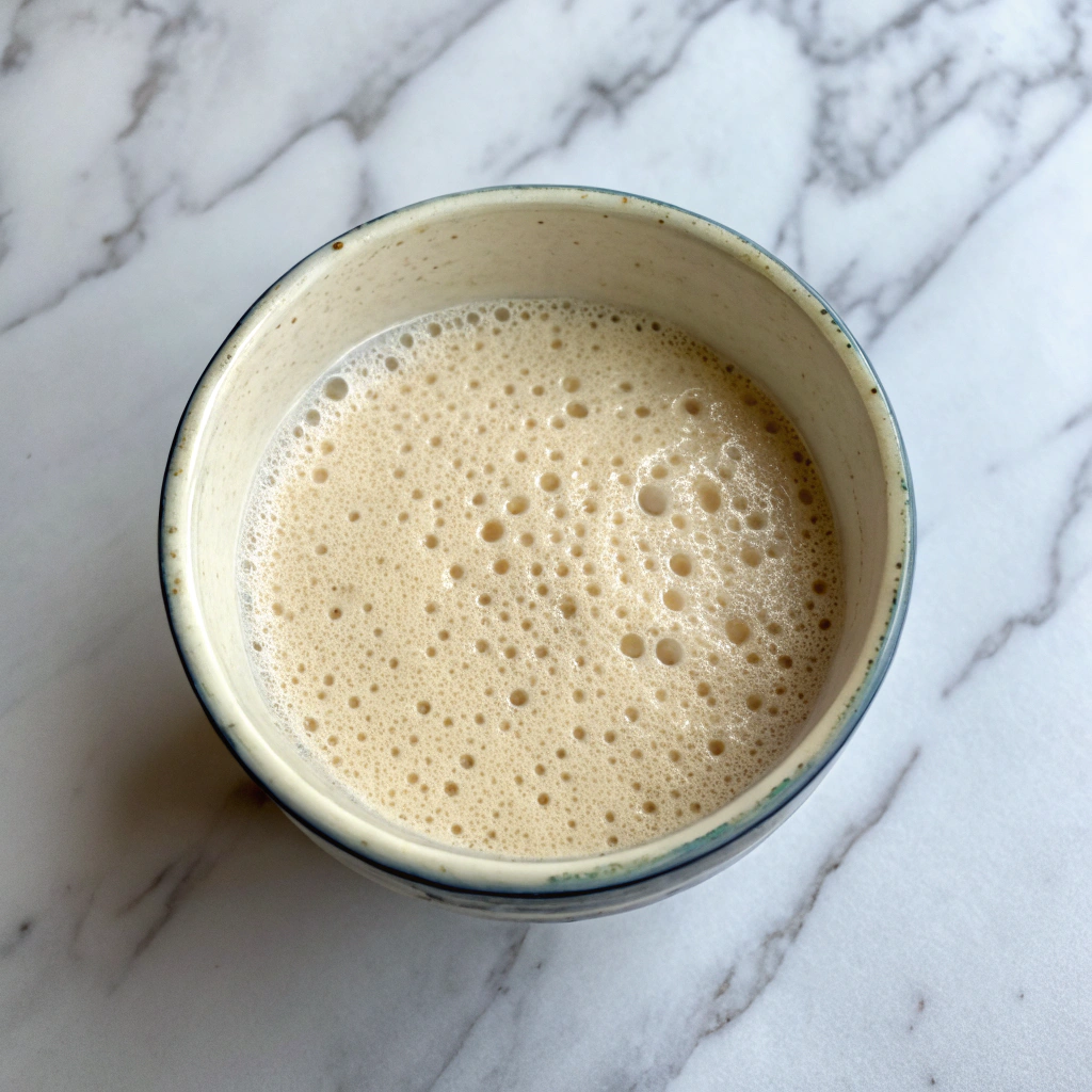 A small bowl with frothy yeast mixture sits on a marble countertop, indicating successful proofing.