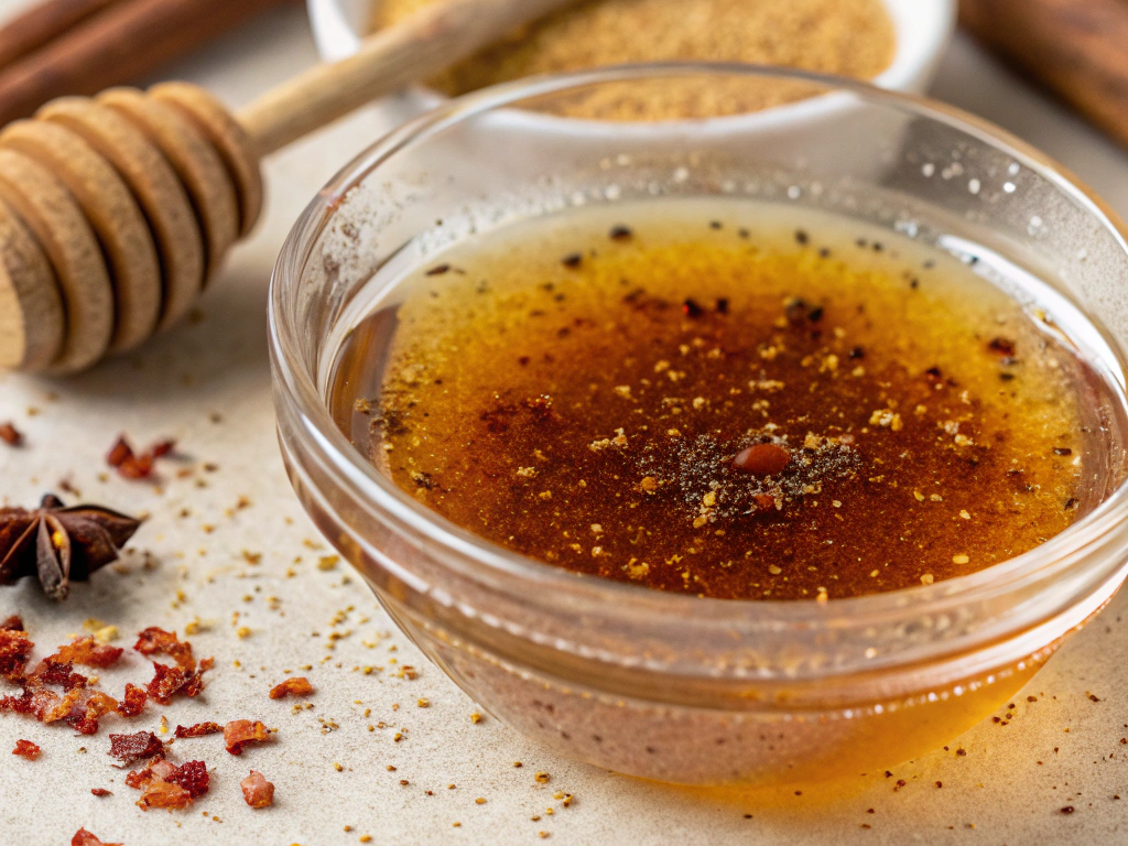 A small bowl with honey and spices mixed together.