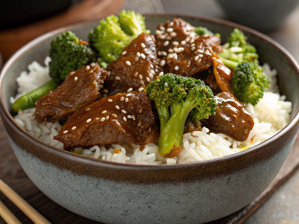 A steaming bowl of slow cooker beef and broccoli with tender beef strips coated in a glossy sauce, served over jasmine rice and garnished with sesame seeds.
