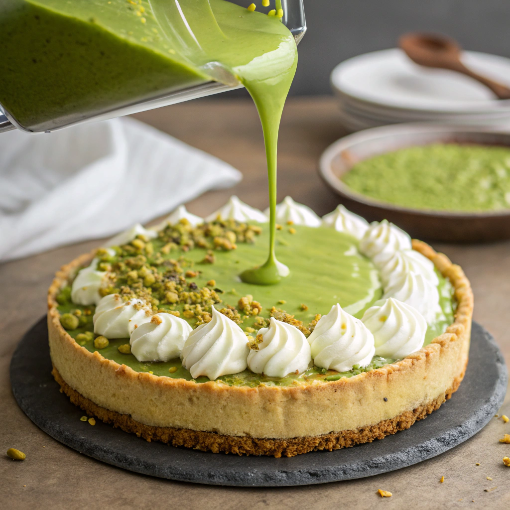 A vibrant green pistachio pudding layer being poured over the cream cheese base.