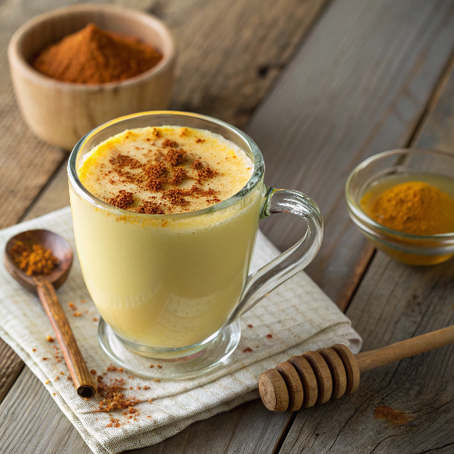 a final result after a cup of golden milk being poured from the saucepan into a glass mug.