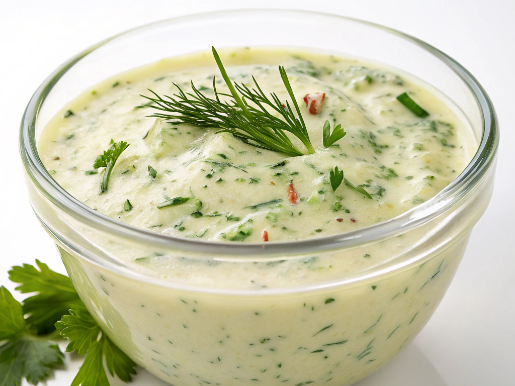 A whisked dressing with flecks of herbs in a glass bowl.