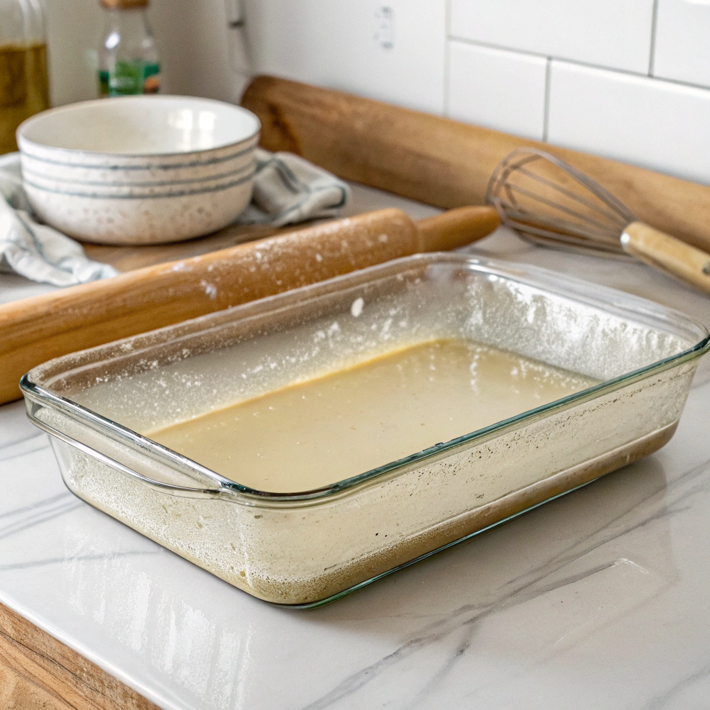 A 9x13-inch baking dish greased and ready to be filled with delicious ingredients.