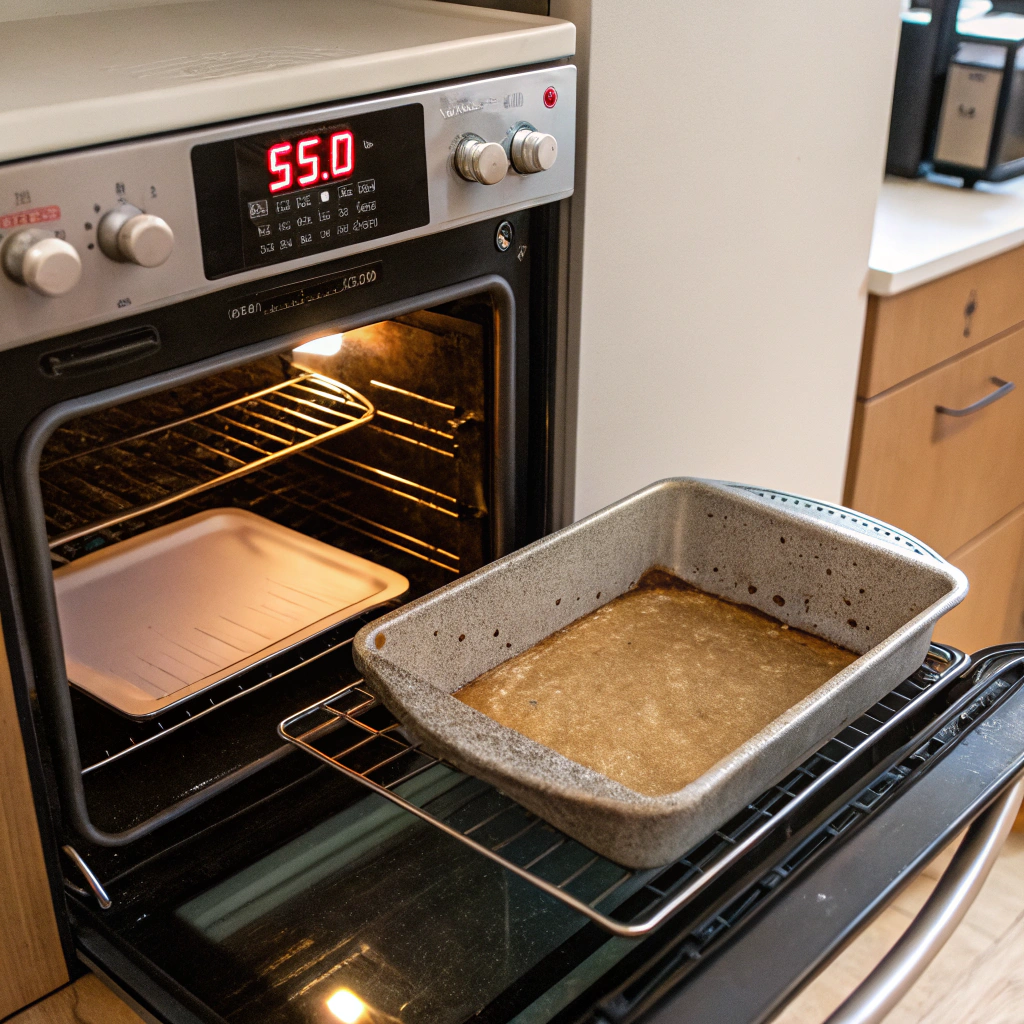 An oven preheating to 350°F, with a timer set and a baking tray waiting on the counter.