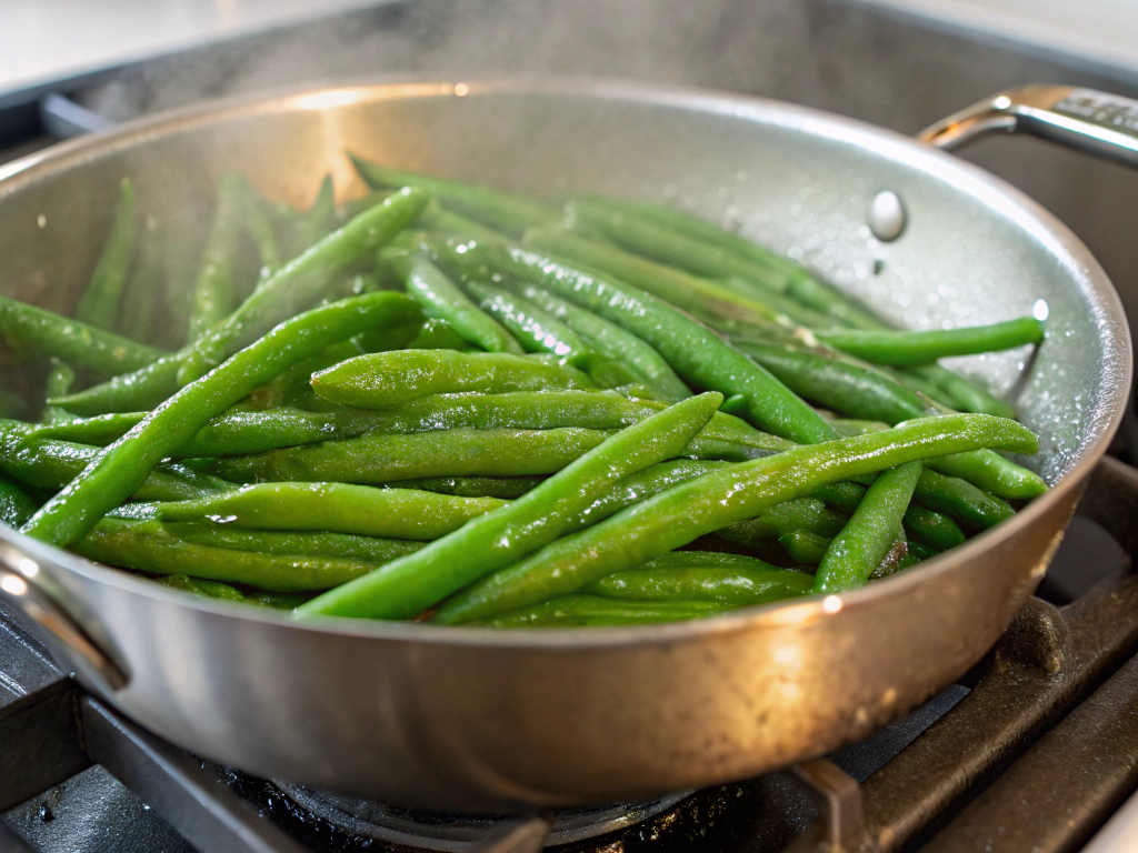 Bright green beans steaming in a skillet.