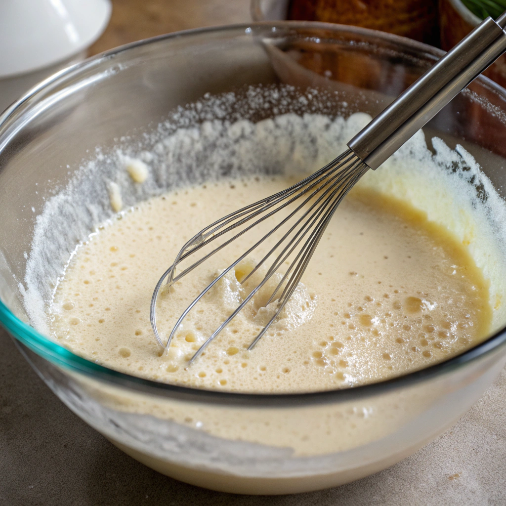 A bowl with cornstarch slurry being mixed to thicken the sauce.