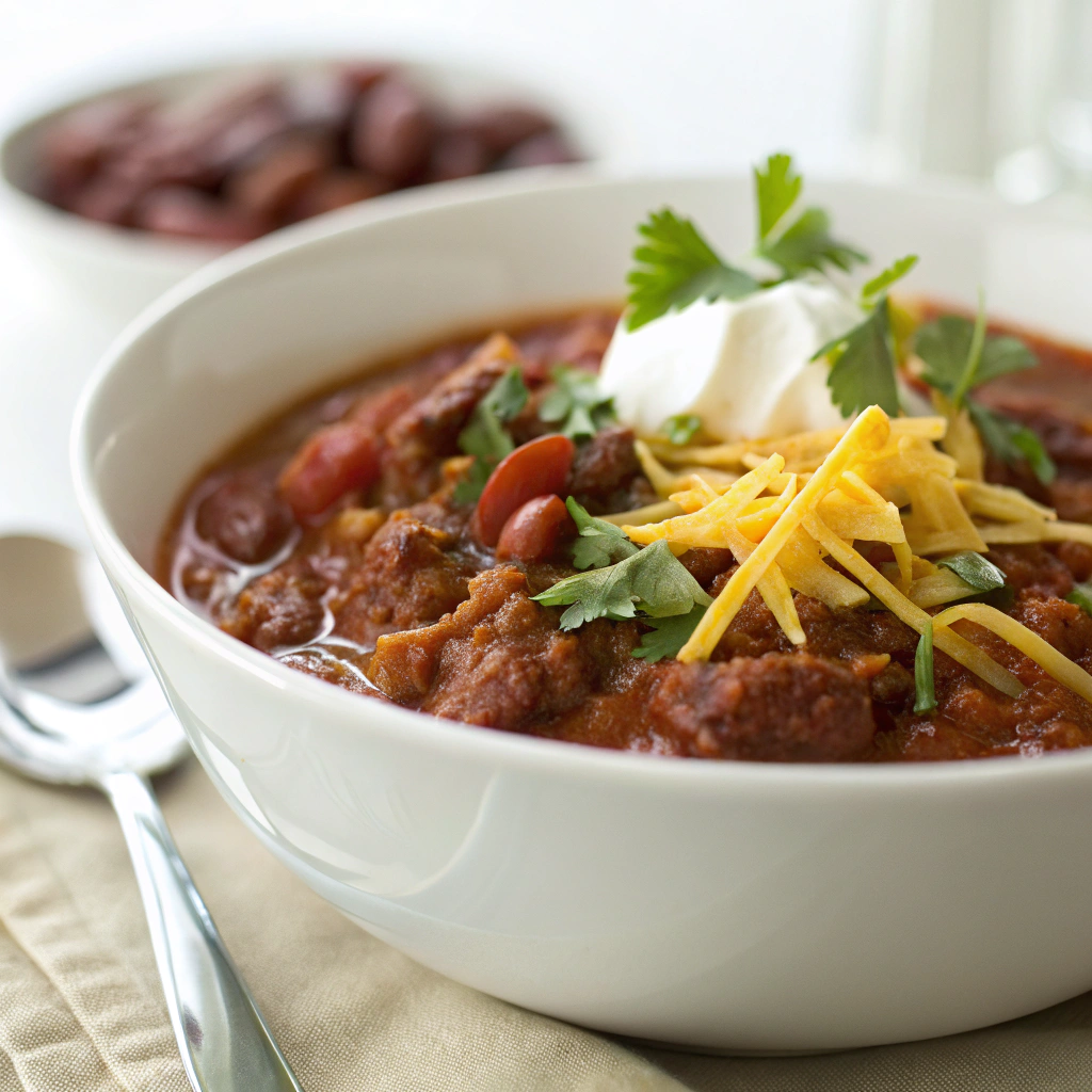 Close-up view of a steaming bowl of hearty venison chili, garnished with fresh cilantro and a dollop of sour cream. The dish is placed on a clean white marble countertop, with a rustic wooden spoon resting beside it. In the blurred background, a cast-iron pot and a small bowl of black beans add depth to the scene, illuminated by bright, natural lighting.