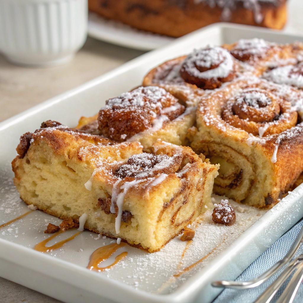 Close-up view of a golden-brown cinnamon roll French toast casserole, drizzled with sweet icing and garnished with a dusting of powdered sugar. The lighting highlights the gooey, caramelized edges of the casserole.