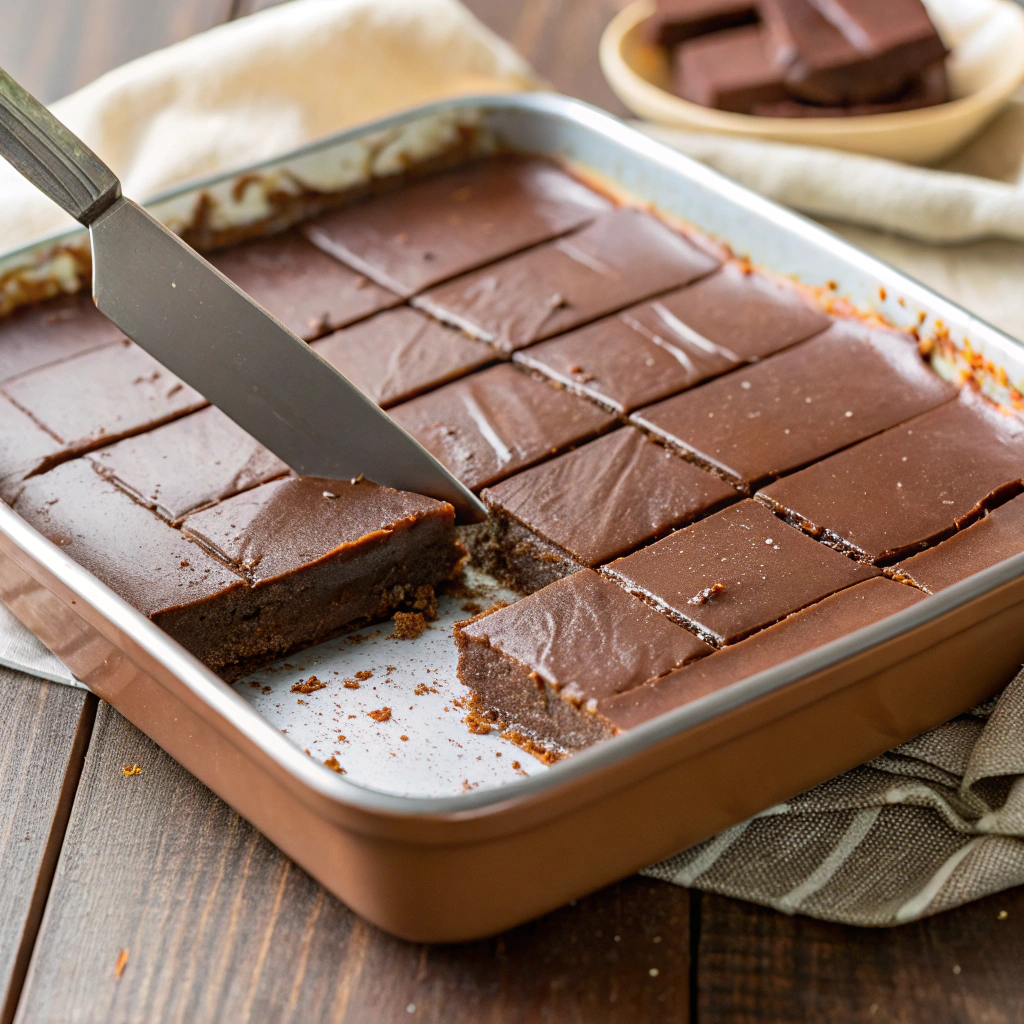 Close-up view of a baking dish filled with smooth, set fudge, being cut into neat squares with a knife, on a rustic wooden table.