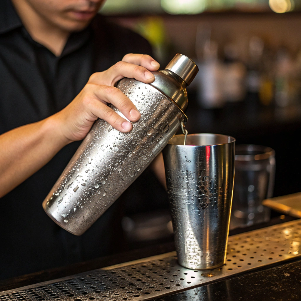Close-up view of a bartender’s hand shaking a cocktail shaker. The stainless steel shaker has condensation forming on its surface, indicating a perfectly chilled drink.
