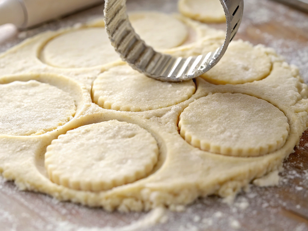 Close-up view of a biscuit cutter pressing into the dough, creating perfectly round biscuits ready for baking.