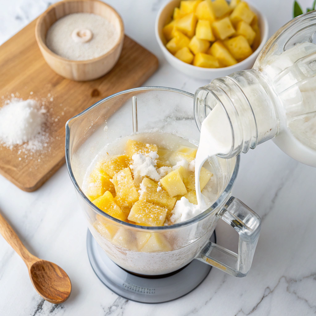 Close-up view of a blender on a white marble countertop. Inside, coconut milk, pineapple juice, and sugar are poured over ice cubes. The ingredients contrast beautifully, with the creamy white coconut milk swirling into the golden pineapple juice. In the background, a wooden spoon and a small bowl of extra pineapple chunks sit neatly.