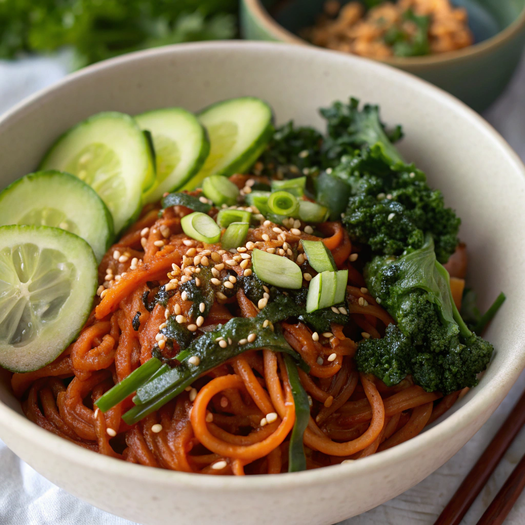 Close-up view of a bowl of gochujang noodles topped with cucumber, scallions, sesame seeds, and a drizzle of sesame oil, with lime wedges on the side. The lighting highlights the fresh, vibrant garnishes.