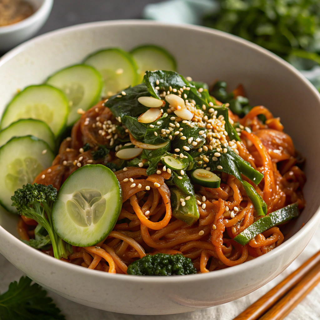 Close-up view of a bowl of spicy gochujang noodles, garnished with scallions, cucumber, and sesame seeds, with a drizzle of sesame oil and lime wedges on the side. The lighting highlights the glossy, vibrant sauce coating the noodles.