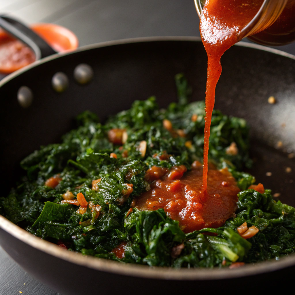 Close-up view of the gochujang sauce being poured into the skillet with kale, creating a glossy, bubbling mixture. The lighting highlights the rich, vibrant sauce.