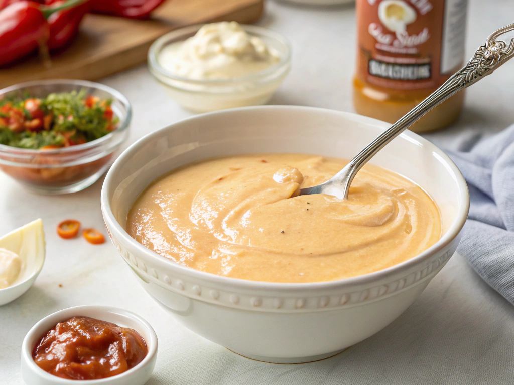 Close-up view of a bowl with creamy Bang Bang sauce being stirred, with a spoon and ingredients nearby, in a well-lit kitchen.
