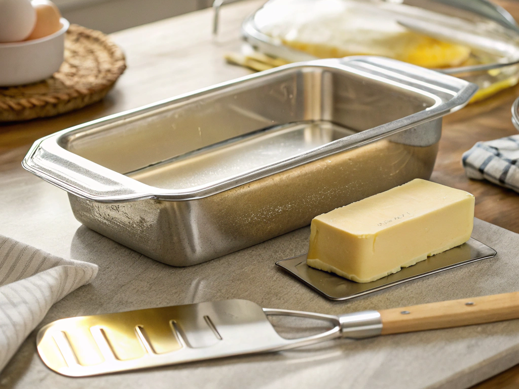 Close-up view of a butter-greased baking dish on a kitchen counter, with a stick of butter and a spatula nearby, in a well-lit kitchen setting.